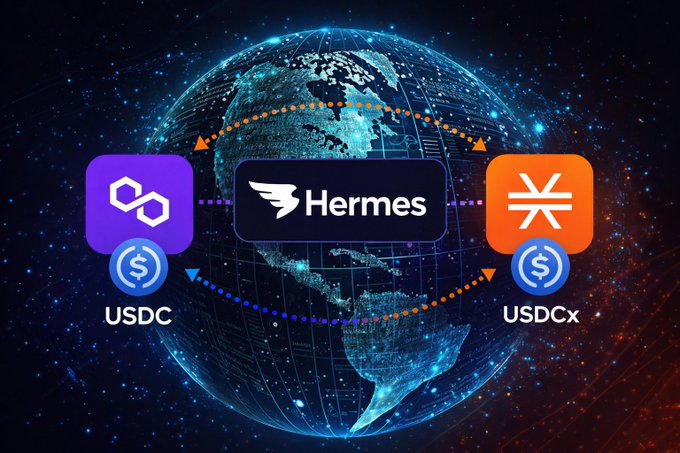 Digital graphic showing a glowing Earth with crypto logos for USDC, Hermes, and USDCx connected by arrows, illustrating cross-border transactions between the tokens.