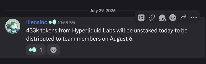 A Discord message from user "iliensinc" posted on July 29, 2026 announces that 433k Hyperliquid Labs tokens will be unstaked that day for distribution to team members on August 6, with the message having received 1 reaction.