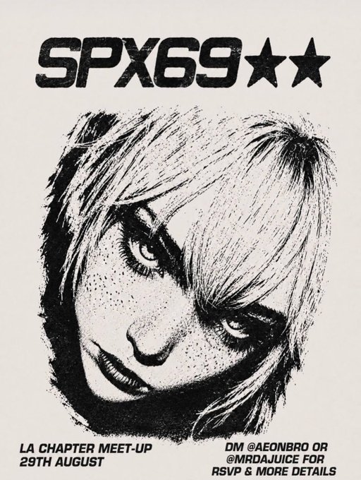 The image is a black-and-white stylized sketch poster for an "SPX69" LA Chapter Meet-Up on 29th August, featuring contact handles @aeonbro or @mrdajuice for RSVPs, fitting the post's enthusiastic "Let's go!!!!" tone for the event.