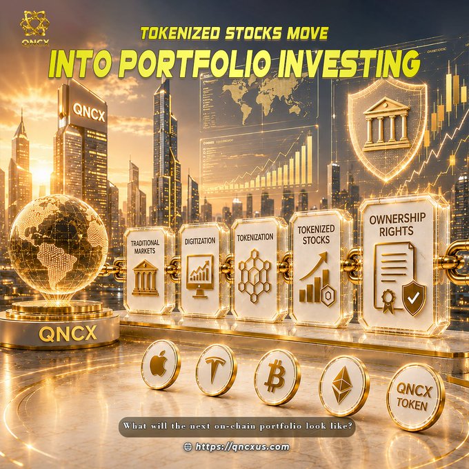 A promotional graphic for QNCX displaying the headline "TOKENIZED STOCKS MOVE INTO PORTFOLIO INVESTING" alongside a cityscape backdrop and blockchain-style icons representing the progression from "TRADITIONAL MARKETS" through "DIGITIZATION," "TOKENIZATION," and "TOKENIZED STOCKS" to "OWNERSHIP RIGHTS." The image visually reinforces the post's message about the importance of investor rights in on-chain securities, featuring crypto coins (Bitcoin, Ethereum, etc.) and the QNCX token with the website qncxus.com at the bottom.