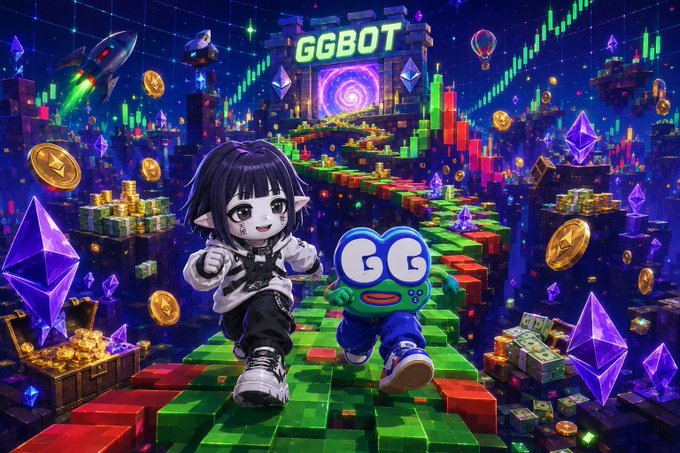 Colorful digital artwork featuring a goth-styled anime character alongside a green 'GG' mascot in a vibrant landscape filled with coins, gems, and a 'GGBOT' sign.