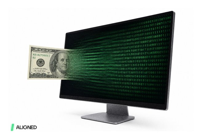 A one-hundred-dollar bill flies into a computer monitor displaying green binary code, symbolizing the shift of money into digital space while the financial world remains bound to outdated paper-based systems. The "ALIGNED" logo appears in the bottom corner.