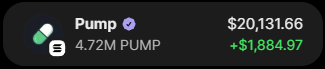 A blurry phone screenshot displays crypto token information for "PUMP," showing a price of $20,131,666 with a 472M PUMP supply and a market cap of $9,884,927. The post celebrates hitting a 2x return on the $PUMP token, claiming it was the easiest trade ever made.
