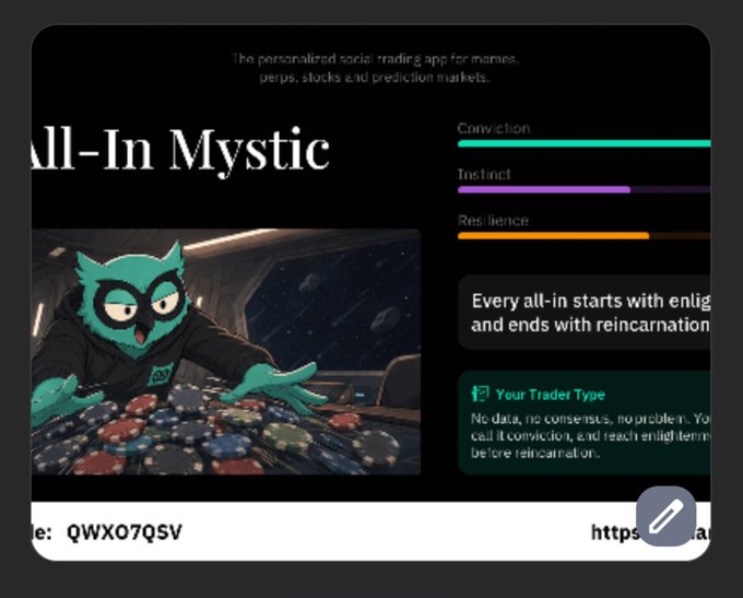 A promotional graphic for 'All-In Mystic' on a personalized social trading app for memes, perps, stocks, and prediction markets, featuring an owl character and stats like Conviction, Instinct, and Resilience.