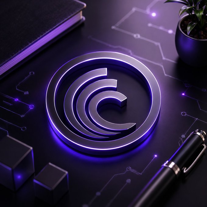 A neon purple chrome "C" logo glows on a sleek dark desk beside a notebook, pen, and small plant, with circuit-board patterns etched across the surface. The futuristic, tech-forward aesthetic visually reinforces the post's message about BitTorrent's expanding role in decentralized infrastructure and cross-chain innovation.