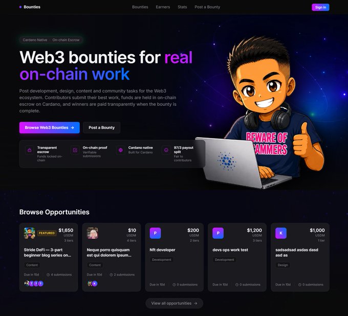 The image shows a website for a bounty platform called "Web3 Bounties". The website features a cartoon character holding a laptop computer with a thumbs up gesture. It also displays information about the platform, including updates related to creating bounties, funding escrow contracts, accepting stablecoins like USDM and USDCx, and accepting jobs through the bounty platform.