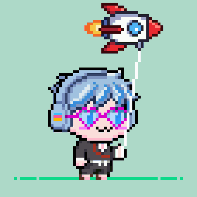 A pixel art character with blue hair and pink glasses wearing a suit, holding a string attached to a rocket-shaped balloon with flames.