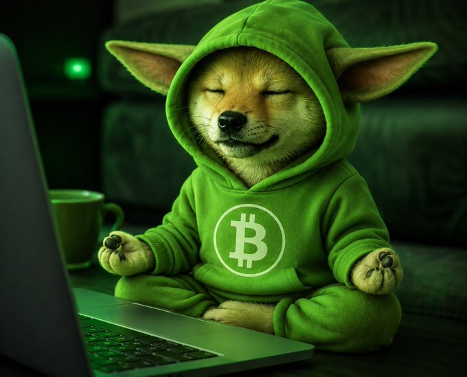 A Shiba Inu dog wearing a green hoodie with the Bitcoin symbol, sitting in a meditation pose with eyes closed in front of a laptop.