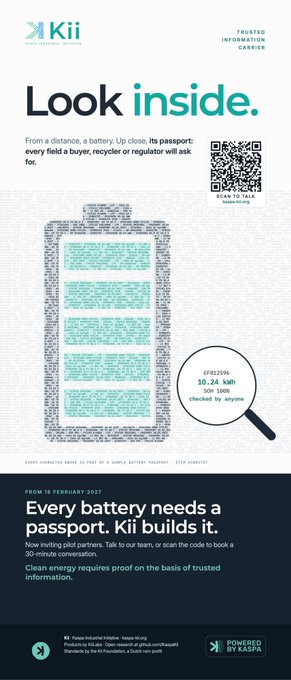 Promotional infographic for Kii battery passports, featuring a QR code with the message 'Every battery needs a passport. Kii builds it.'