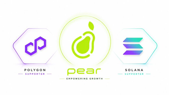The image displays the Pear logo (a green pear icon) flanked by the Polygon and Solana logos within glowing hexagonal frames, labeled as "SUPPORTER" beneath each blockchain's name, with Pear's tagline "EMPOWERING GROWTH" — visually reinforcing the post's claim that both major blockchain networks (Solana and Polygon) are backing the Pear trading platform.