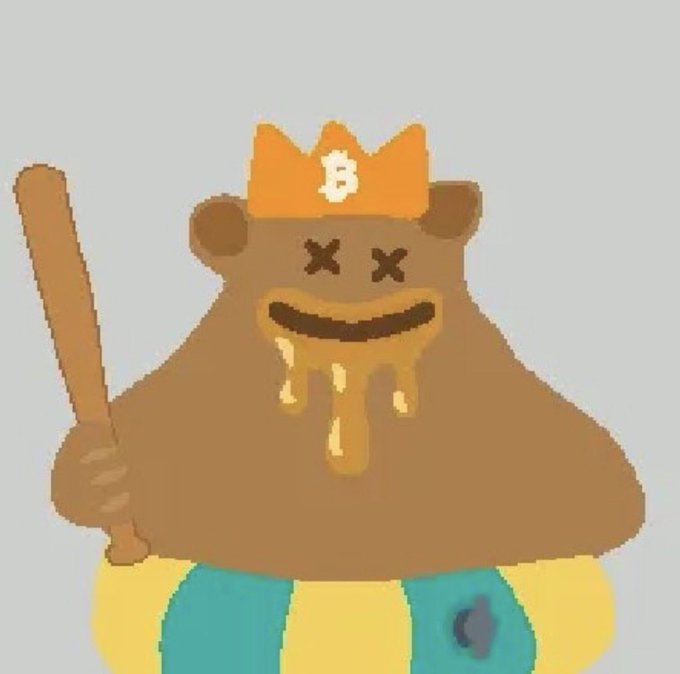 A cartoon illustration of a brown bear wearing an orange crown marked "B" (Bitcoin logo), with X eyes and honey dripping from its mouth, holding a baseball bat while sitting in a beach ball and inner tube. The image ties to the post's reference to @BITCOIN_GRIZZZY NFT collection #12, showcasing the quirky bear character associated with the $GRIZZY token.