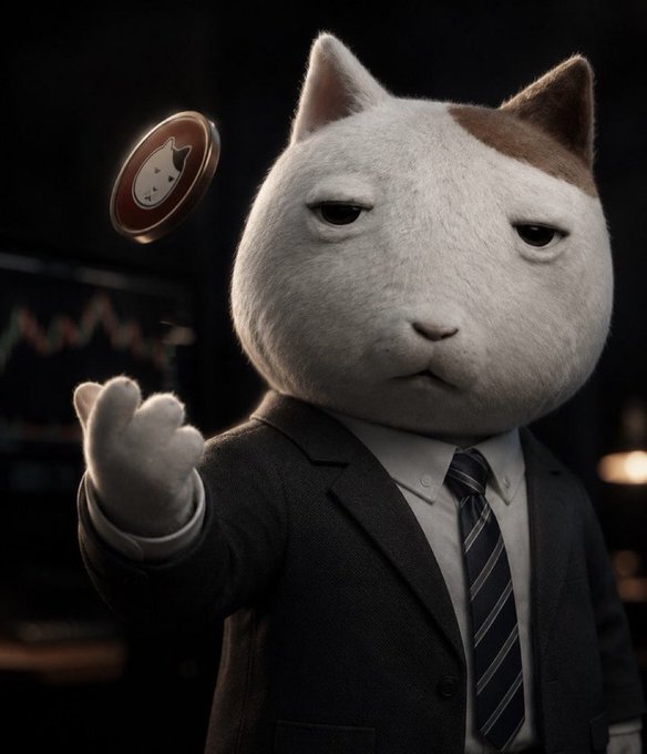 An anthropomorphic cat wearing a black tie tosses a Shiba Inu-branded coin in the air against a backdrop of trading charts. The image cleverly riffs on the post's wordplay, swapping "gambling" for "GambleFi" by replacing a quarter with a meme-coin, nodding to the crypto trading culture of flipping tokens for profit.