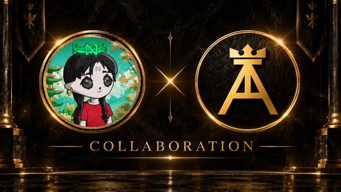 A promotional graphic for a 'COLLABORATION' featuring a cartoon character with a green bow next to a gold 'A' logo topped with a crown, set against a dark marble background with golden columns.