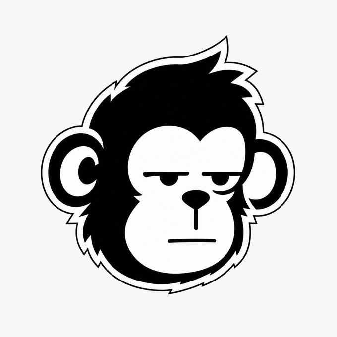 A black and white stylized illustration of a monkey head with a serious expression, outlined on a white background.