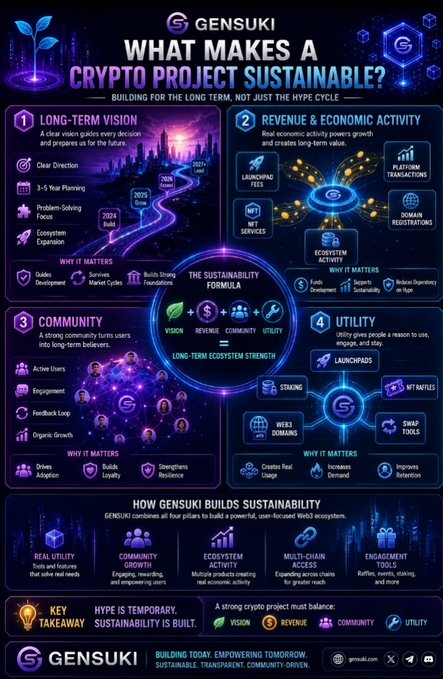 A purple and blue infographic titled 'GENUSI - WHAT MAKES A CRYPTO PROJECT SUSTAINABLE?' detailing long-term vision, revenue, community, and utility pillars.