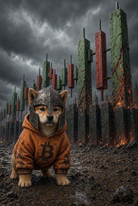 A Shiba Inu dog wearing a spiked helmet and a weathered orange Bitcoin hoodie stands in a post-apocalyptic landscape featuring burning, cracked pillars resembling stock market candles.