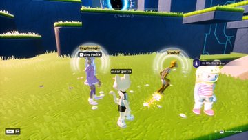 A screenshot from a video game showing four player characters standing on a grassy platform with usernames like "Rye Pollo" and "UNCLE SPILLO" visible above them.
