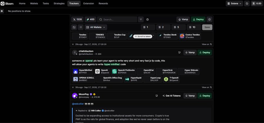 A dark-themed crypto dashboard called "Bloom" displays a "Trackers" tab showing three tracked accounts: chiefofautism (26K) with clickable tokens like HyperMinified ($HMNF), OpenAI ($OPAI), and OpeAI PeStocks ($EACG); Tendies ($TENDY); and MoonPay ($MP) with a wallet balance of 0.00 Solana. The image illustrates how the platform aggregates multiple trader feeds into one streamlined view, addressing the problem mentioned in the caption about following too many traders and struggling to keep up with their scattered calls.