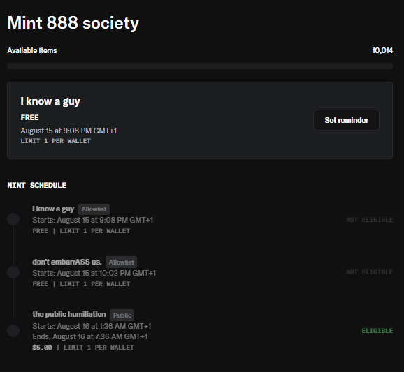 A mint schedule page for 'Mint 888 society' showing items like 'I know a guy' (FREE) and 'the public humiliation' ($5.00) with availability statuses.