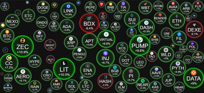 The image displays a cryptocurrency price tracker showing various coins like ZEC, PUMP, LIT, and DATA with their respective percentage changes. The accompanying text warns about FOMO-buying memecoins and advises patience for a potential altcoin wave.