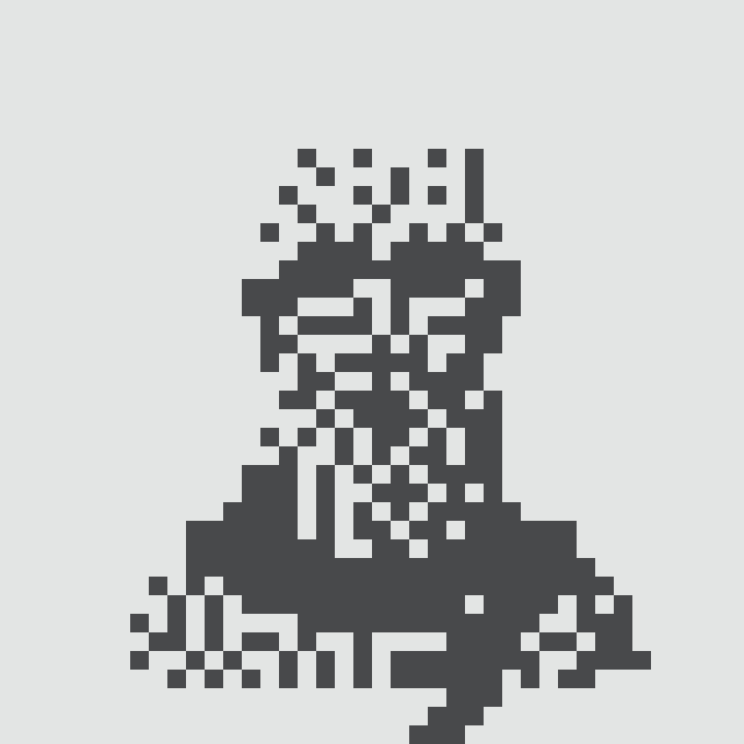 A dark grey pixelated silhouette of a human bust or figure on a white background, resembling retro 8-bit art.