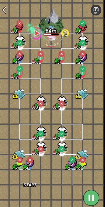 The image features a cartoon-style layout of a map, with multiple characters represented as icons throughout. The main focus is on the "Start" button located at the bottom center. A green checkmark indicates that an object has been successfully activated or set up, while a red cross suggests that some action might have taken place. Additionally, there are two posts in the image: one above and another below the Start button, each containing text. The main image is labeled with a caption that reads "ずたずだやられましたと7割8割の失敗率が高すぎて勝負になってんかったなぁ".