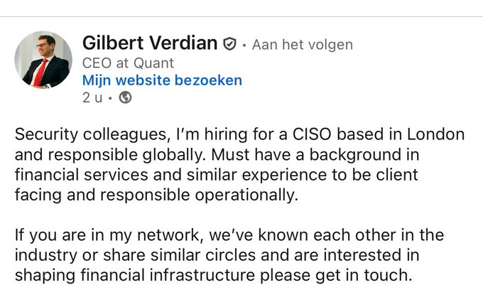 Gilbert Verdian, CEO at Quant ($QNT), posted on LinkedIn announcing he's hiring for a globally responsible CISO role in London to help shape financial infrastructure, reinforcing the company's focus on building out its financial systems team.