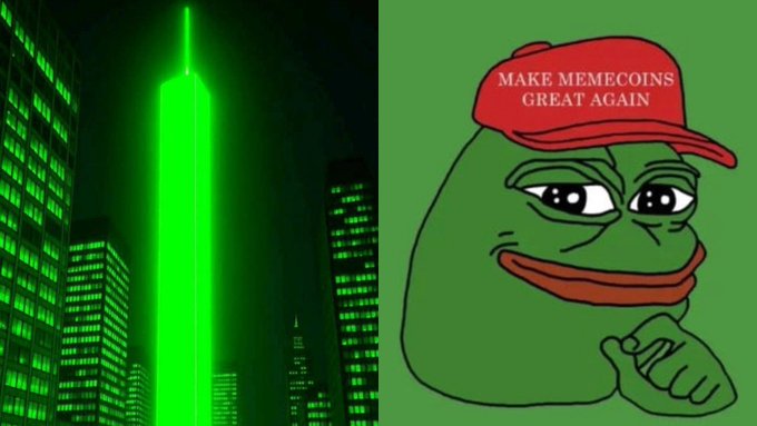 A green-glowing skyscraper stands beside the "Make Memecoins Great Again" Pepe frog wearing a red MAGA-style hat, visually reinforcing the rumor of an $875 million PEPE buyback meant to boost the memecoin's value.