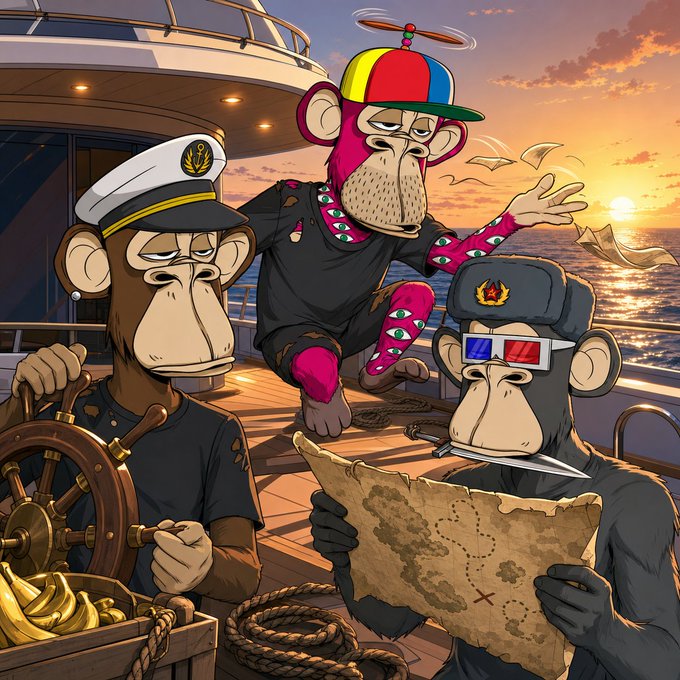 The image features three monkeys dressed up as sailors with hats and shirts, standing on a boat at sea. They are holding a map and appear to be discussing their next course of action or planning for an upcoming journey. The background shows the ocean and the sky, providing a scenic backdrop to this maritime scene. The post about BAYC has been shared by someone who has captioned the image with "BAYC has already set sail. The captain is at the helm, bodyguards clearing the way, and the vibe squad is in full swing. Many people are still asking if NFTs are dead or not".