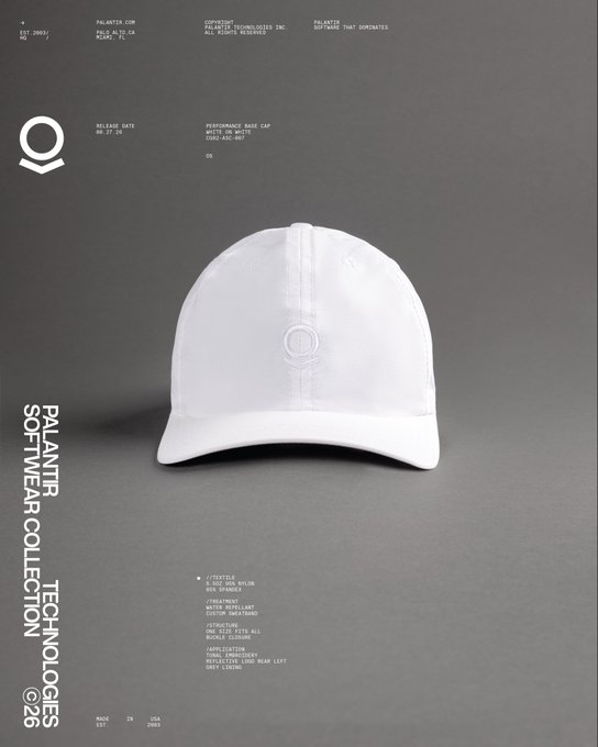 A minimalist promotional image showcases a white Palanter Performance Base Cap (CGU-ASC-007), priced at $62 USD, presented against a dark gray background with branding for the "Palanter Softwear Collection @26." The monochromatic, all-white design aligns with the clean, tech-forward aesthetic associated with Palantir ($PLTR).