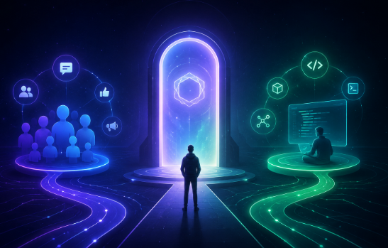 A digital illustration of a person standing before a glowing portal, with social/community icons on the left and developer/code icons on the right, symbolizing the intersection of community and technology.