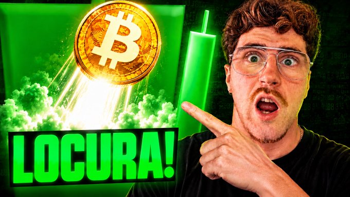 A YouTube-style thumbnail showing a man with glasses looking shocked while pointing at a Bitcoin coin against a bright green background with the word 'LOCURA!' displayed prominently.