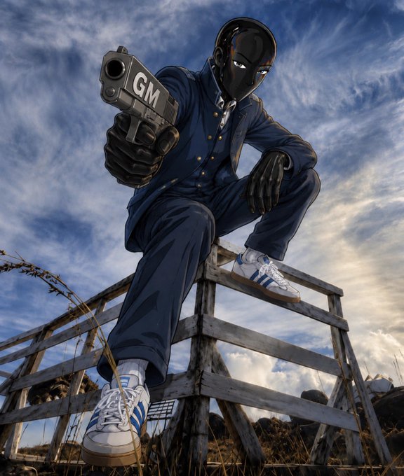 An anime-style illustration depicts a figure in a dark blue uniform and black mask holding a handgun labeled "GM," wearing white sneakers with blue stripes while perched on a wooden structure against a cloudy sky.