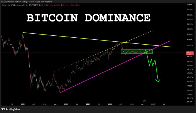 A TradingView chart titled "BITCOIN DOMINANCE" displays BTC.D on the 1D timeframe dated Aug 12, 2024, with trendlines forming a contracting pattern and a green downward arrow projecting a breakdown from a highlighted horizontal box. The chart illustrates the post's claim that a break below this consolidation box would trigger an altcoin season.