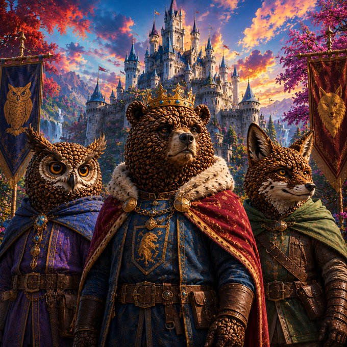 A fantasy digital illustration showing a bear wearing a crown and royal regalia, flanked by an owl and a fox in medieval attire, standing before a majestic castle with banners depicting an owl and a fox.