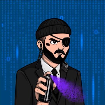 A cartoon illustration of a bearded man wearing a black beanie and an eye patch, holding a spray paint can emitting purple mist against a blue background.