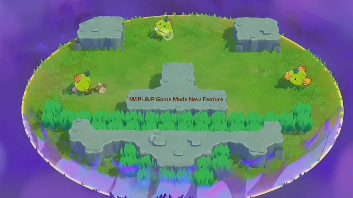 The image features a video game scene with three small figures of people standing on top of rocks. The background shows a purple sky, adding an artistic touch to the overall composition. The caption below the image reads "Wow, this is my favorite game mode. PvP @ AxieInfinity @ Ronin_Network". This suggests that the player might be discussing their favorite game mode or sharing information about the game with others.