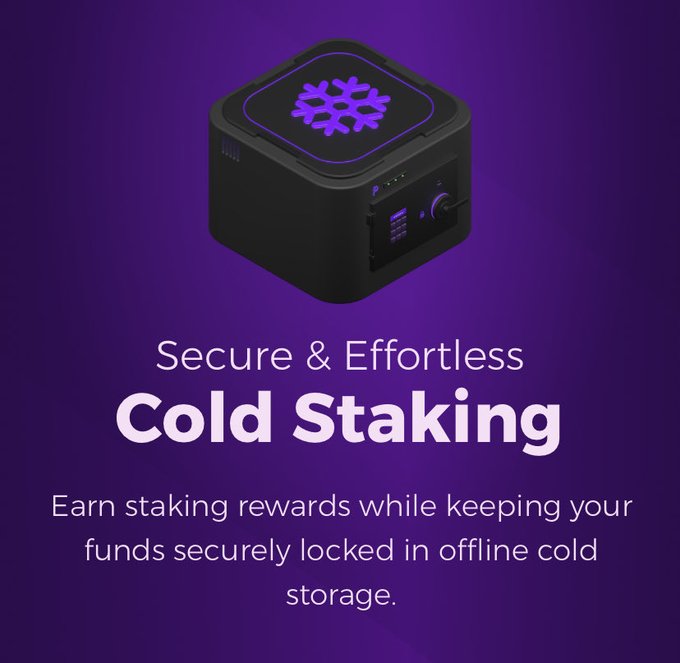 A promotional graphic with a purple gradient background showing a black crypto cold staking device with the text 'Secure & Effortless Cold Staking' and a description about earning rewards while keeping funds in offline cold storage.