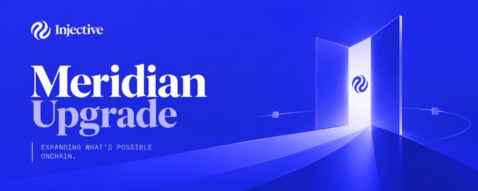 Promotional banner for Injective's 'Meridian Upgrade' with the tagline 'EXPANDING WHAT'S POSSIBLE ONCHAIN' set against a blue background with a glowing portal graphic.