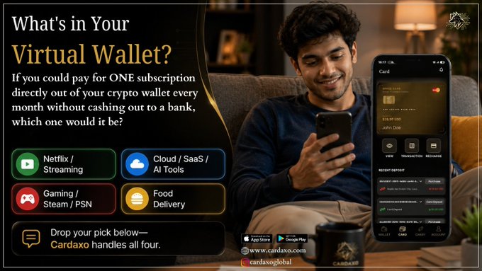 A Cardaxo crypto advertisement asking 'What's in Your Virtual Wallet?' showing a man using a phone displaying a crypto app, with subscription options for Netflix/Streaming, Cloud/SaaS/AI Tools, Gaming/Steam/PSN, and Food Delivery, with the website cardaxoglobal.com.