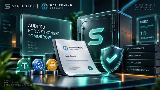 A promotional graphic for 'STABILIZER' and 'NETHERMIND SECURITY' featuring an 'Audit Report', glowing cryptocurrency coins (USDT, USDC, BTC), and text including 'AUDITED FOR A STRONGER TOMORROW', 'STABLE, SECURE, SCALABLE', and 'A SAFER DEFI ECOSYSTEM'.