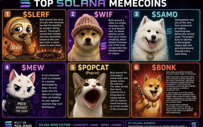 An infographic titled "TOP SOLANA MEMECOINS" lists six cryptocurrency tokens with their mascots and backstories: $SLERF, $WIF, $SAMO, $MEW, $POPCAT, and $BONK, with $SLERF ranked #1 based on the story of a developer who accidentally burned the token's liquidity during launch.