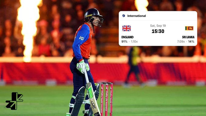 A cricket player in a blue and red uniform stands near the stumps, with an on-screen graphic displaying prediction odds for an international match between England (91%) and Sri Lanka (14%) on Saturday, September 19, at 15:30.