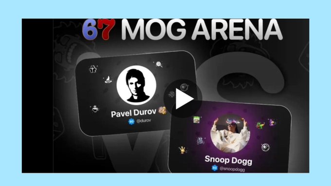A thumbnail image for a video titled 'MOG ARENA' showing profile cards for Pavel Durov and Snoop Dogg with a play button overlay.