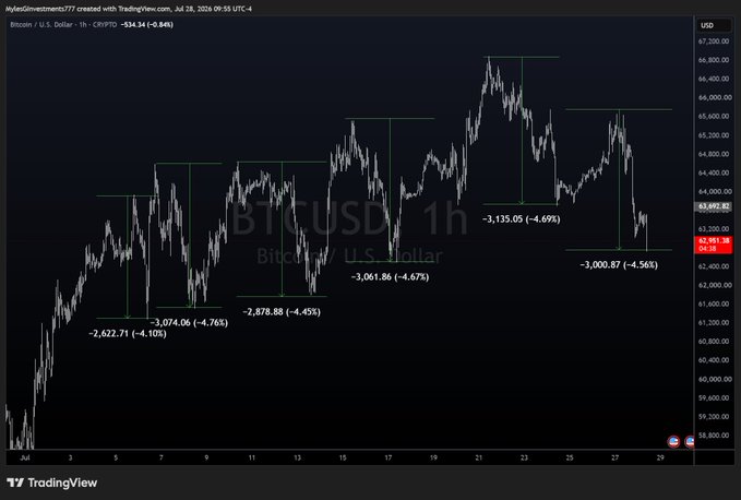 The image is a TradingView 1-hour chart of BTC/USD showing repeated price drops of approximately 4.5-4.76% over July 2024, with labeled declines of -$2,622.71, -$2,074.06, -$2,878.88, -$3,061.86, -$3,135.05, and -$3,000.87. This visually supports the post's observation that "every dump is about 4.5% in this range," illustrating the consistent pattern of ~$3,000 sell-offs during BTC's consolidation near $63,000-$66,000.