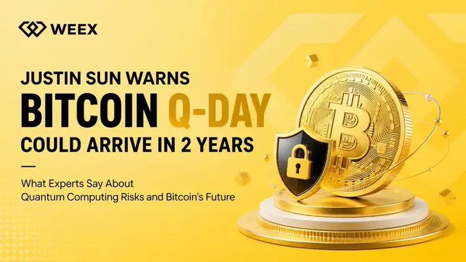 A WEEX promotional banner with the headline 'JUSTIN SUN WARNS BITCOIN Q-DAY COULD ARRIVE IN 2 YEARS' alongside a subtitle about quantum computing risks, featuring a gold Bitcoin coin with a shield and padlock icon.