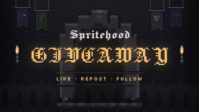 A pixel art graphic with a dark castle background and hanging banners displays the text "Spritehood GIVEAWAY" with "LIKE • REPOST • FOLLOW" below, promoting a giveaway entry that the post announces is on its final day with an improved prize format.