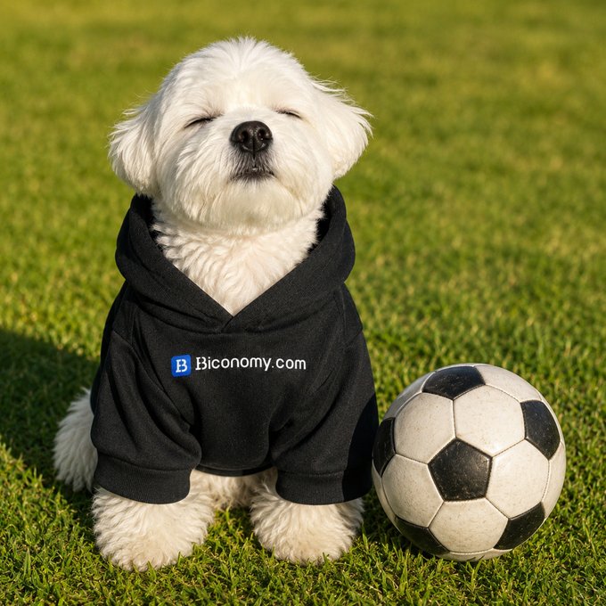 A fluffy white dog wearing a black hoodie featuring the "Biconomy.com" logo sits contentedly on green grass beside a black and white soccer ball, perfectly capturing the "match day" spirit with eyes closed in zen-like focus. The playful scene reinforces the post's friendly "GM" (good morning) greeting by showing even the smallest fans are geared up and ready to enjoy the game.