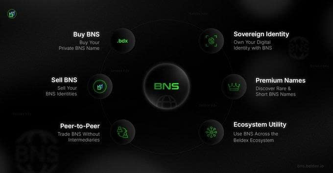 A diagram for the 'BNS' platform illustrates features including 'Buy BNS', 'Sell BNS', 'Peer-to-Peer', 'Sovereign Identity', 'Premium Names', and 'Ecosystem Utility' on the Beldex network.