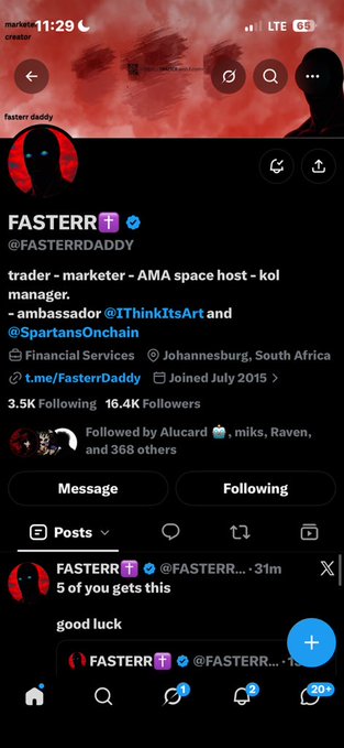A Twitter/X profile screenshot for 'FASTERR (@FASTERRDADDY)', a trader-marketer-AMA space host from Johannesburg, South Africa, showing follower stats and a post saying 'good luck'.